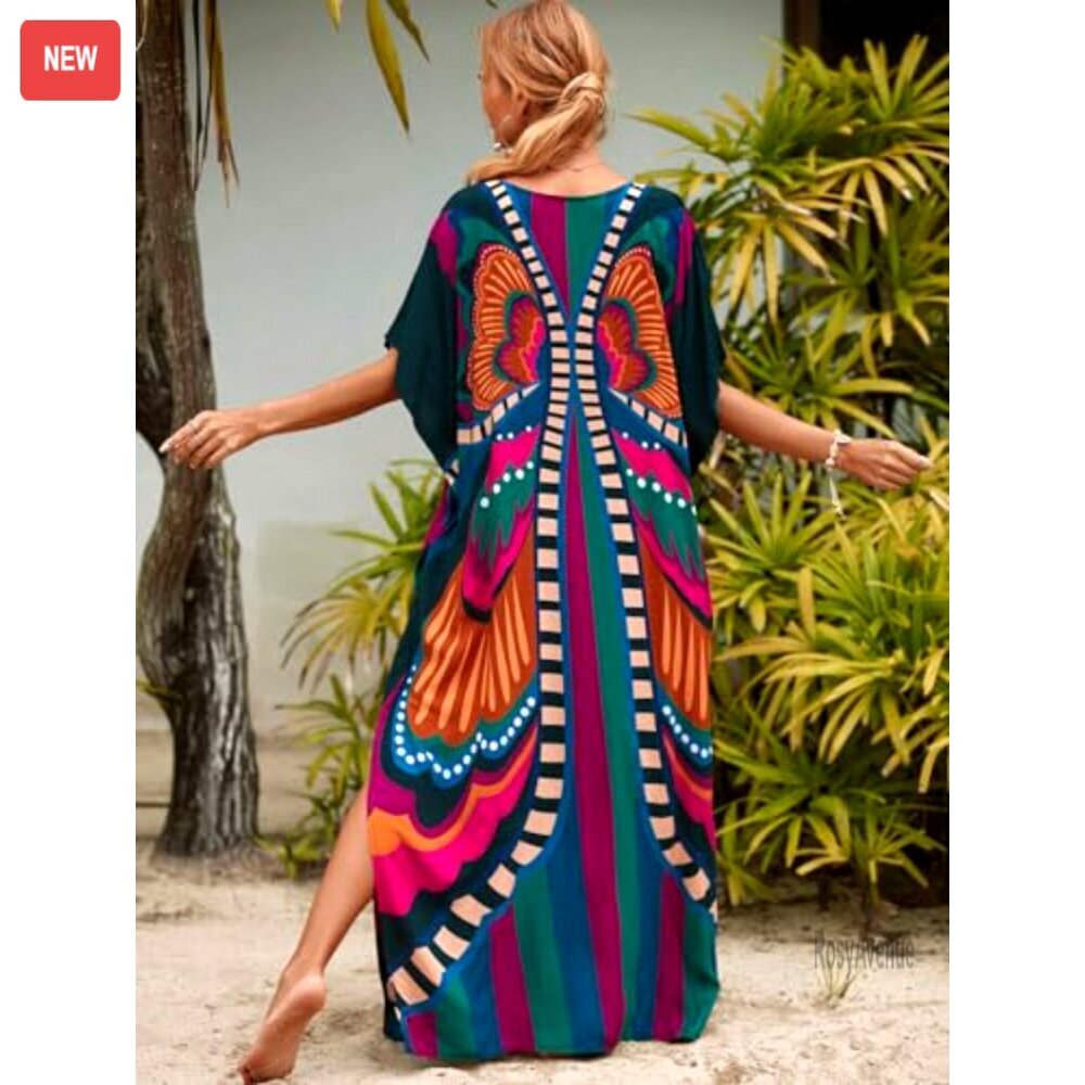 Plus Size Kaftan Maxi Beach Dress Cover Up Flowing Synthetic Silk - Picture 4 of 8